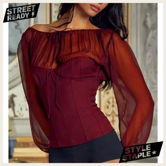 Large Polyester Corset Top with Sheer Long Sleeves Tie Front Blouse